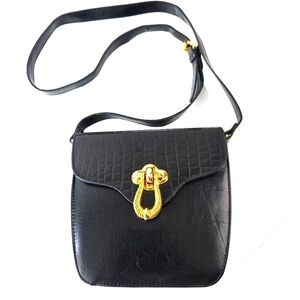 Harve Benard Croc Embossed Crossbody‎ Bag Black Vegan Leather Gold Vintage Purse